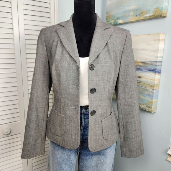 Ann Taylor Wool Blend Blazer Gray Size 2P Stretch Button Front Career Jacket - Picture 1 of 8
